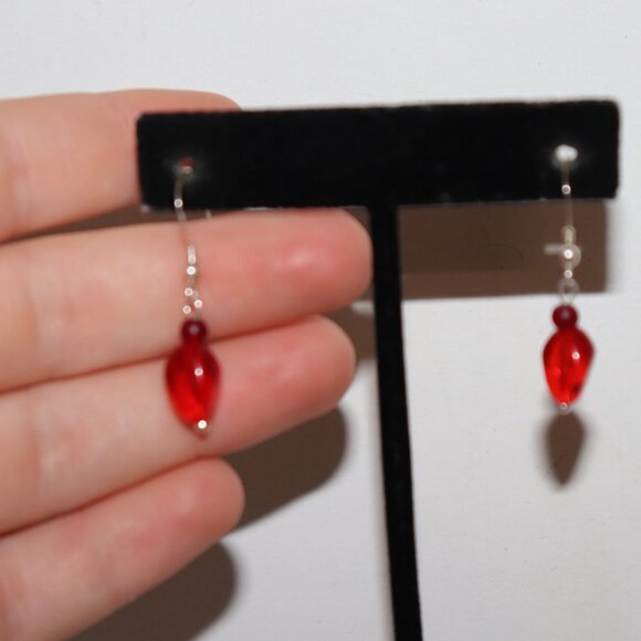 ❤️🌟 Silver & Red Glass Dangle Earrings · 1 3/8" · Ruby Radiance ✨ - Picture 4 of 6